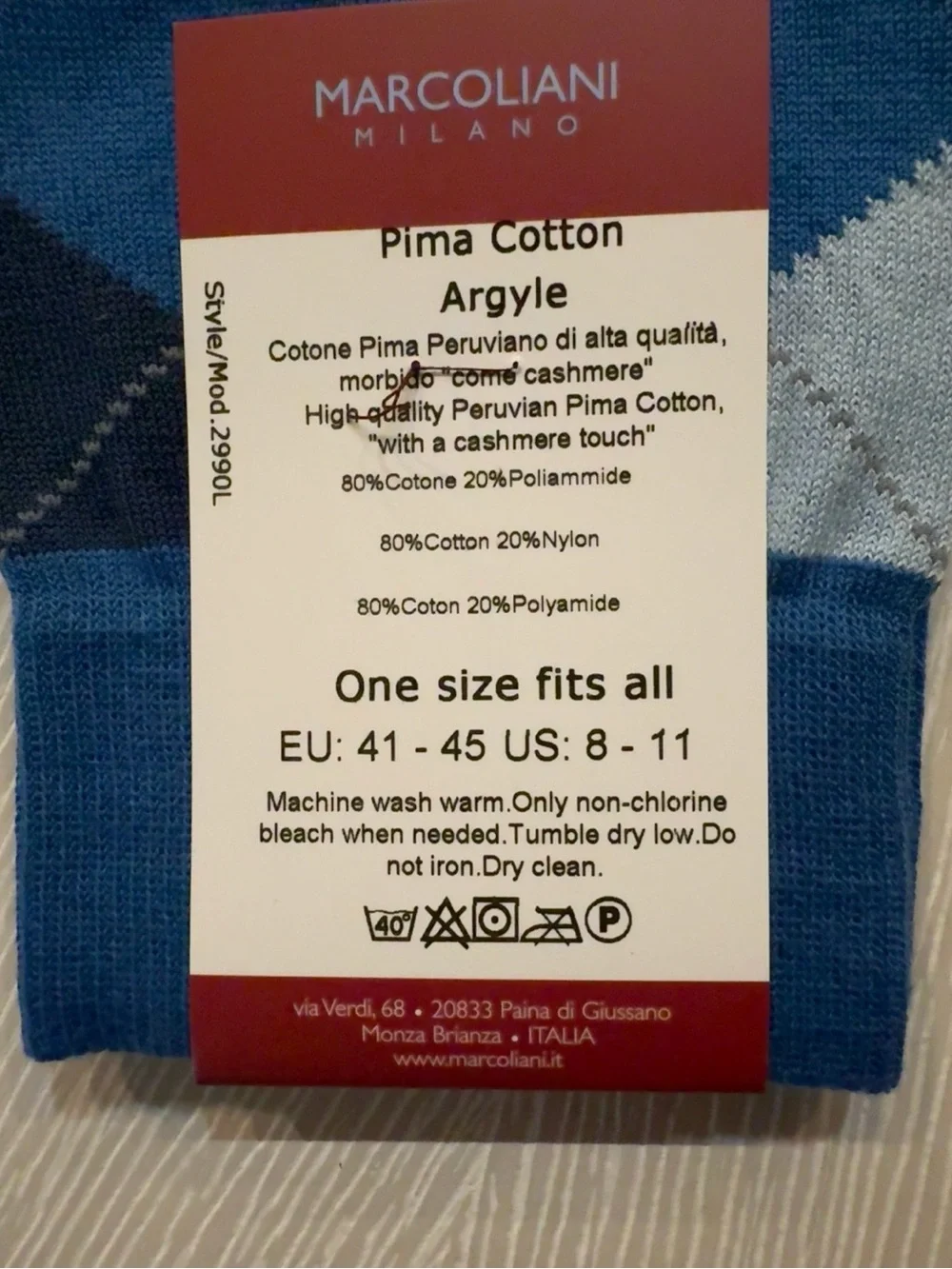 Marcoliani Milano Luxury Pima Cotton Argyle Dress Socks 2 Pair Set NWT